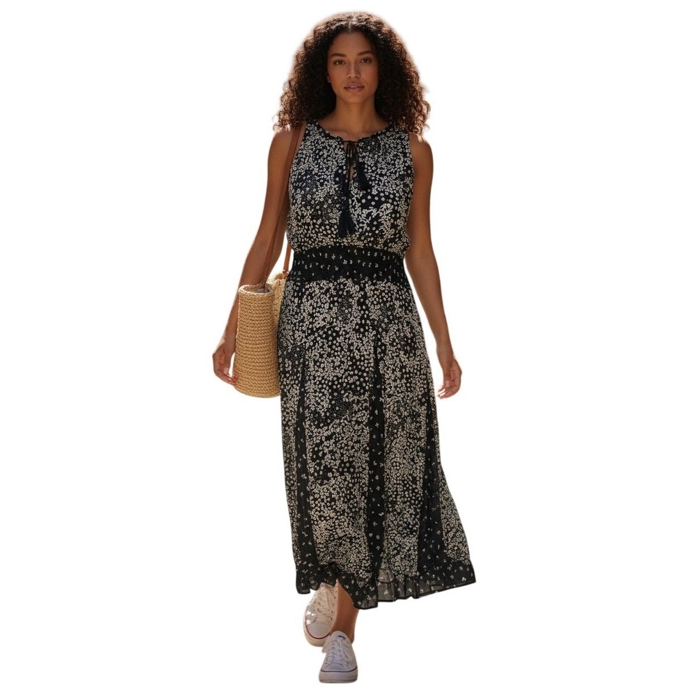 Bila Floral Maxi Dress XL Black White Smocked Waist Handkerchief Hem BK930B NEW